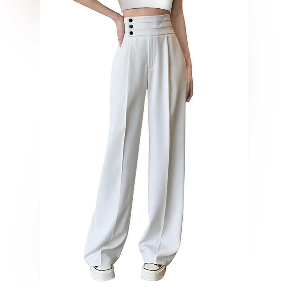 High Waist Dress Pants Business Side Button Work Wide Straight Leg Trousers